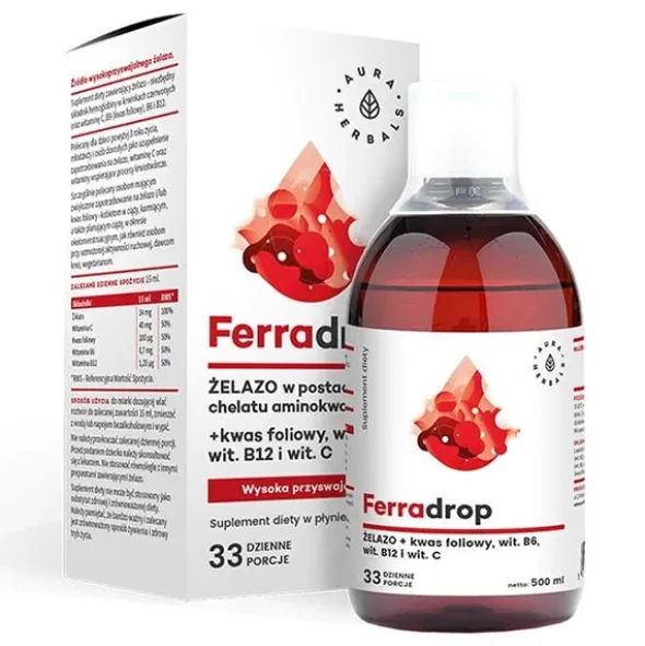 AURA HERBALS Ferradrop - Żelazo w Płynie + Kwas Foliowy 500 ml