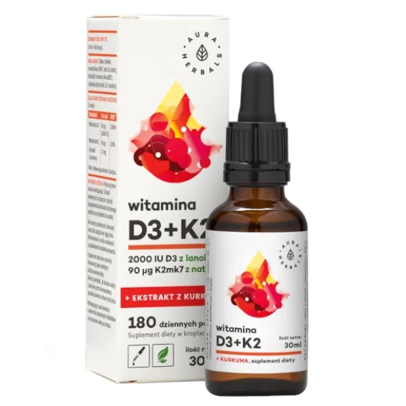 AURA HERBALS Witamina D3 2000 IU + K2 + ekstrakt z kurkumy krople 30 ml