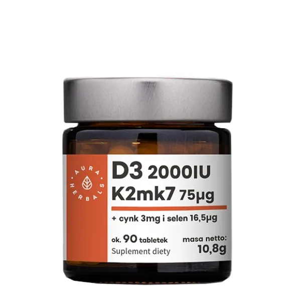 AURA HERBALS Witamina D3 2000IU + K2MK7 + Cynk + Selen 90 tabs