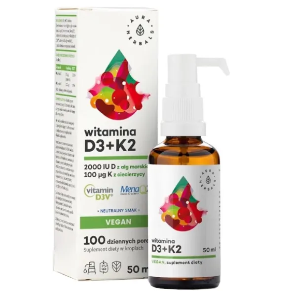 AURA HERBALS Witamina D3 2000 IU + K2 Vegan krople 50 ml
