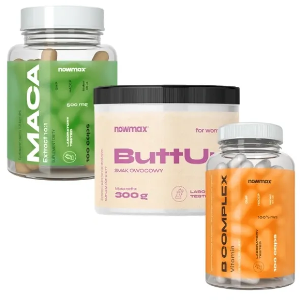 nowmax® Maca Ekstrakt 10:1 500mg 100 kaps+ nowmax® B Complex 100 kaps+nowmax® BUTT UP 300 g